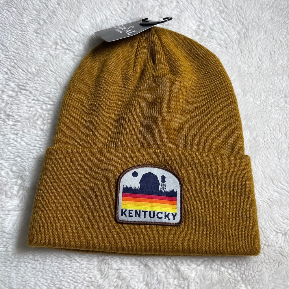 Local Crowns Kentucky Beanie Hat Mustard Gold Cuffed Knit‎ Retro Patch Cap NEW